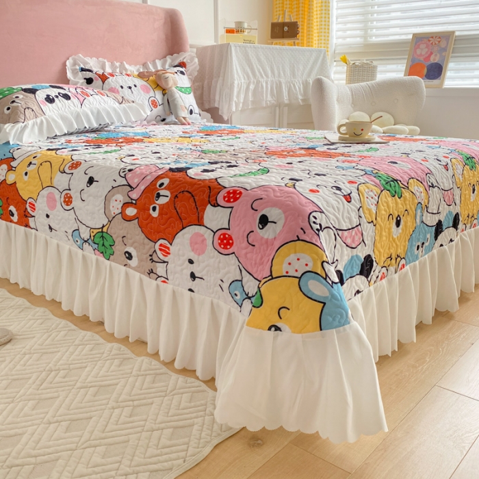 91家纺网 家纺一手货源 找家纺 美莱 2022新款亲肤磨毛床盖床裙夹棉单件三件套直播四件套 动物乐园