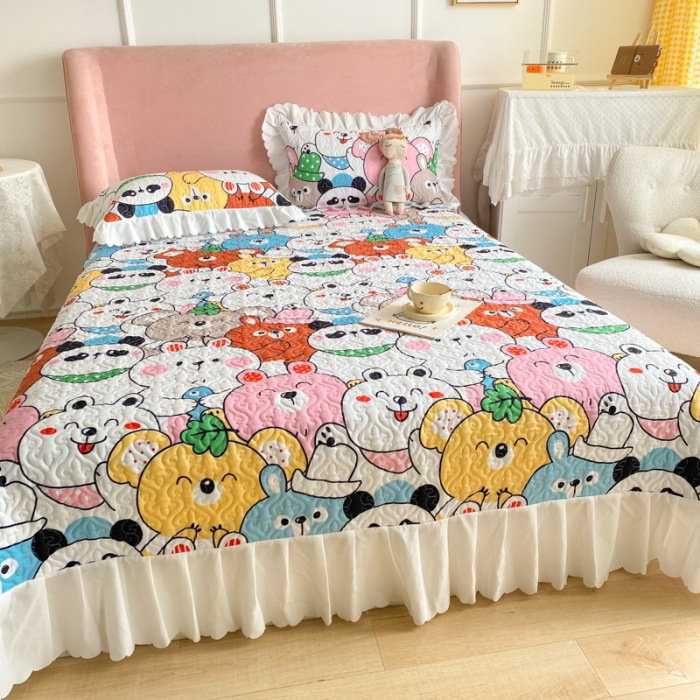 91家纺网 家纺一手货源 找家纺 美莱 2022新款亲肤磨毛床盖床裙夹棉单件三件套直播四件套 动物乐园