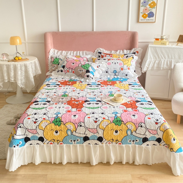 91家纺网 家纺一手货源 找家纺 美莱 2022新款亲肤磨毛床盖床裙夹棉单件三件套直播四件套 动物乐园