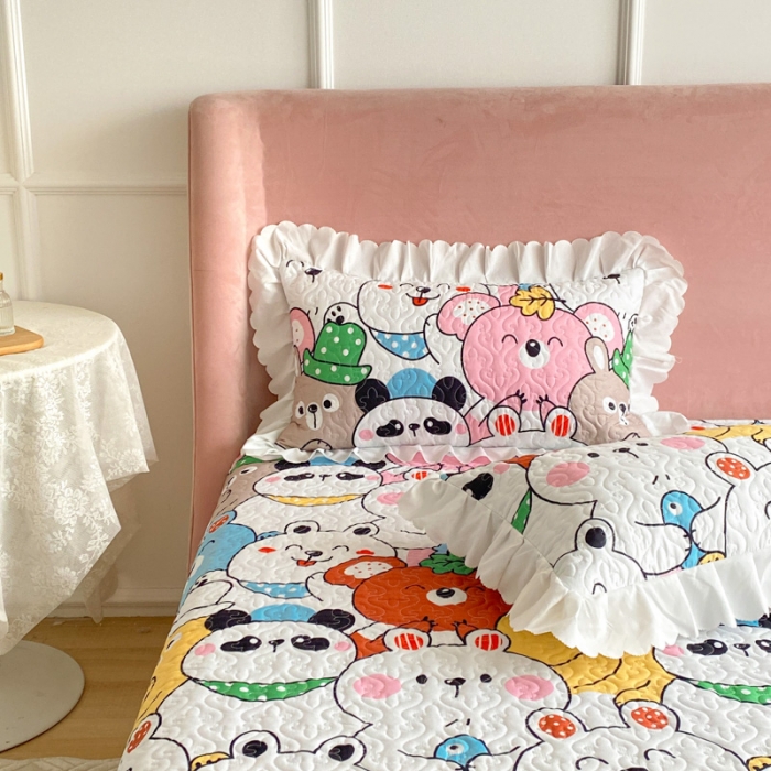 91家纺网 家纺一手货源 找家纺 美莱 2022新款亲肤磨毛床盖床裙夹棉单件三件套直播四件套 动物乐园