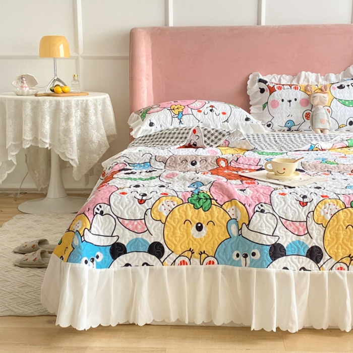 91家纺网 家纺一手货源 找家纺 美莱 2022新款亲肤磨毛床盖床裙夹棉单件三件套直播四件套 动物乐园