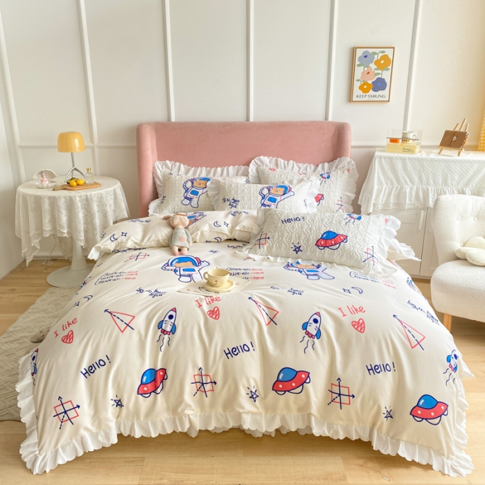 91家纺网 家纺一手货源 找家纺 美莱 2022新款亲肤磨毛床盖床裙夹棉单件三件套直播四件套 航天员