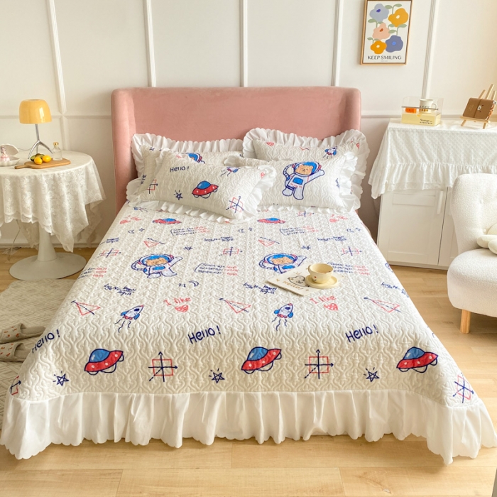 91家纺网 家纺一手货源 找家纺 美莱 2022新款亲肤磨毛床盖床裙夹棉单件三件套直播四件套 航天员