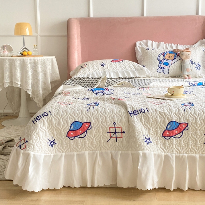 91家纺网 家纺一手货源 找家纺 美莱 2022新款亲肤磨毛床盖床裙夹棉单件三件套直播四件套 航天员