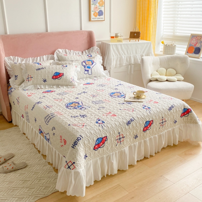 91家纺网 家纺一手货源 找家纺 美莱 2022新款亲肤磨毛床盖床裙夹棉单件三件套直播四件套 航天员