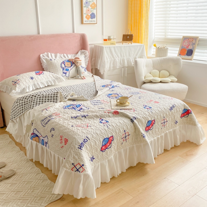 91家纺网 家纺一手货源 找家纺 美莱 2022新款亲肤磨毛床盖床裙夹棉单件三件套直播四件套 航天员