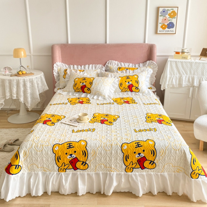 91家纺网 家纺一手货源 找家纺 美莱 2022新款亲肤磨毛床盖床裙夹棉单件三件套直播四件套 虎虎声威