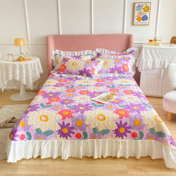 91家纺网 家纺一手货源 找家纺 美莱 2022新款亲肤磨毛床盖床裙夹棉单件三件套直播四件套 花朝涌动