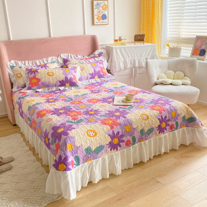 91家纺网 家纺一手货源 找家纺 美莱 2022新款亲肤磨毛床盖床裙夹棉单件三件套直播四件套 花朝涌动