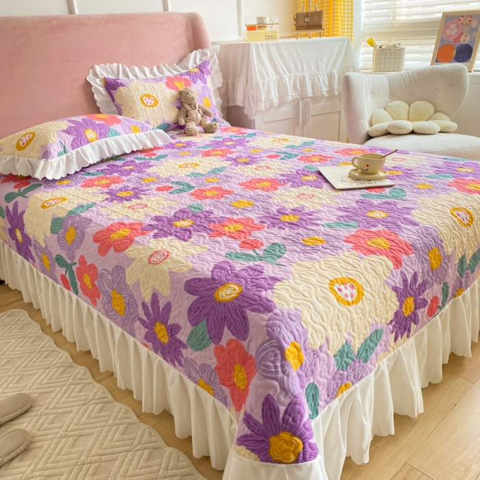 91家纺网 家纺一手货源 找家纺 美莱 2022新款亲肤磨毛床盖床裙夹棉单件三件套直播四件套 花朝涌动