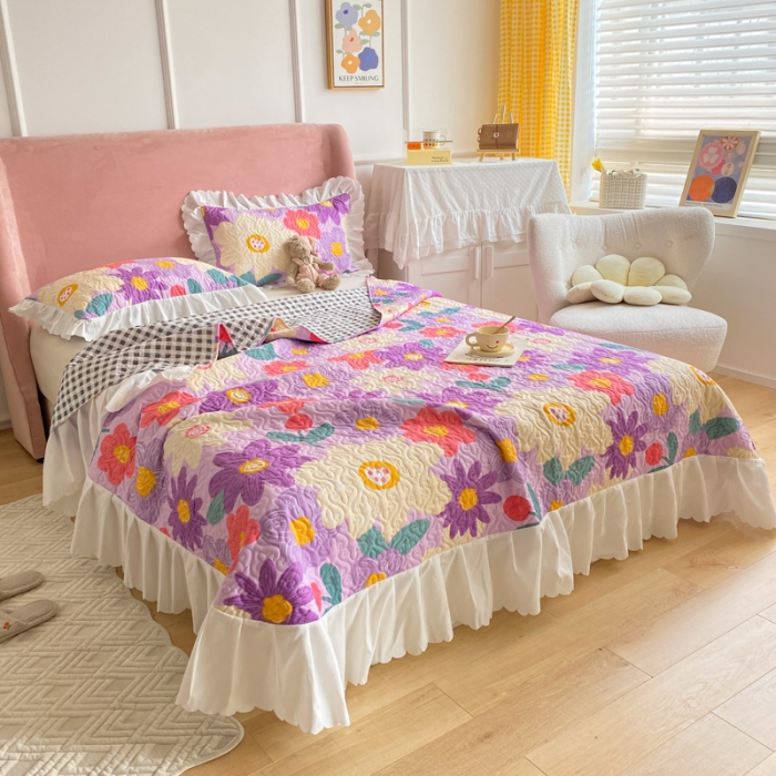 91家纺网 家纺一手货源 找家纺 美莱 2022新款亲肤磨毛床盖床裙夹棉单件三件套直播四件套 花朝涌动