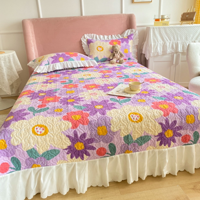 91家纺网 家纺一手货源 找家纺 美莱 2022新款亲肤磨毛床盖床裙夹棉单件三件套直播四件套 花朝涌动