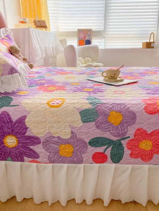 91家纺网 家纺一手货源 找家纺 美莱 2022新款亲肤磨毛床盖床裙夹棉单件三件套直播四件套 花朝涌动