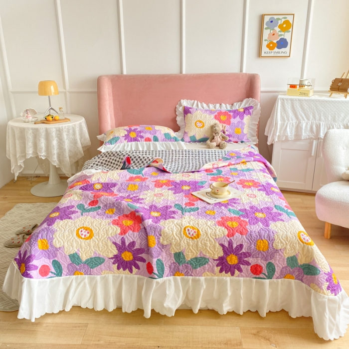 91家纺网 家纺一手货源 找家纺 美莱 2022新款亲肤磨毛床盖床裙夹棉单件三件套直播四件套 花朝涌动