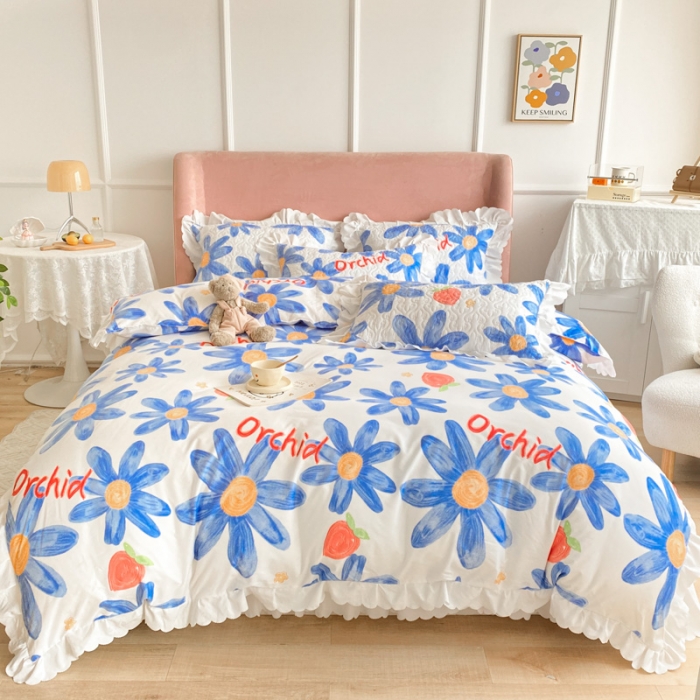 91家纺网 家纺一手货源 找家纺 美莱 2022新款亲肤磨毛床盖床裙夹棉单件三件套直播四件套 花海