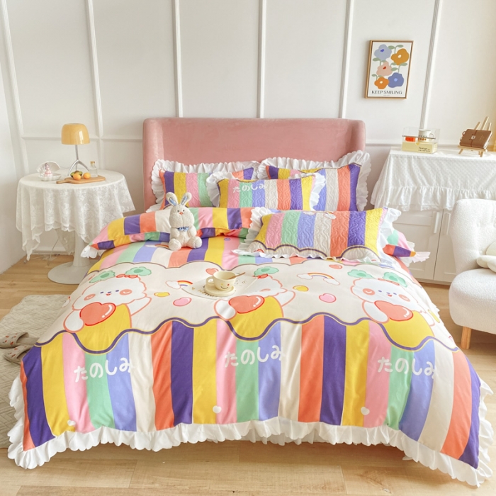 91家纺网 家纺一手货源 找家纺 美莱2022款亲肤磨毛床盖床裙夹棉单件三件套直播四件套萌萌兔