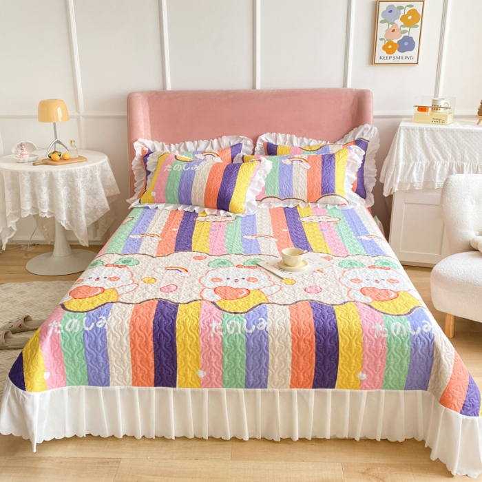 91家纺网 家纺一手货源 找家纺 美莱2022款亲肤磨毛床盖床裙夹棉单件三件套直播四件套萌萌兔