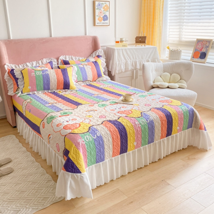 91家纺网 家纺一手货源 找家纺 美莱2022款亲肤磨毛床盖床裙夹棉单件三件套直播四件套萌萌兔