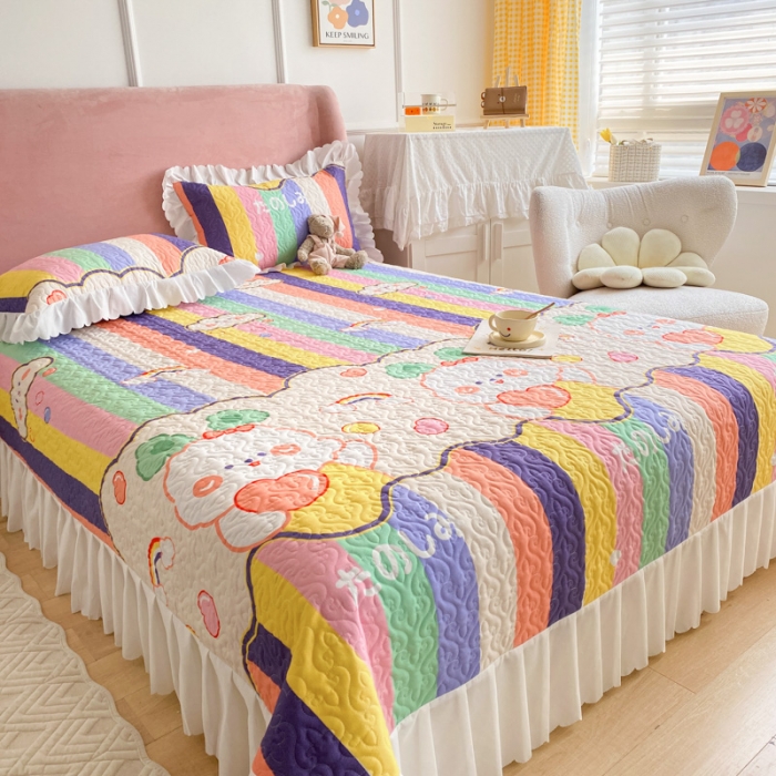 91家纺网 家纺一手货源 找家纺 美莱2022款亲肤磨毛床盖床裙夹棉单件三件套直播四件套萌萌兔