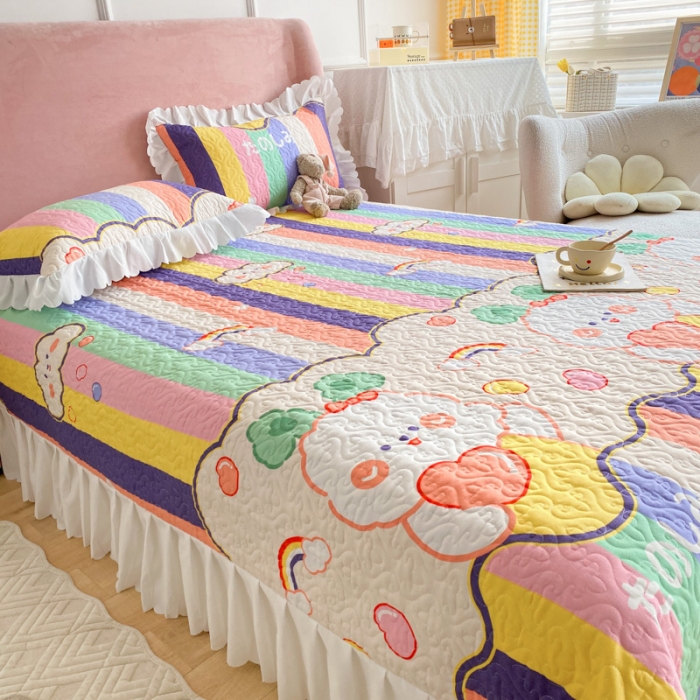 91家纺网 家纺一手货源 找家纺 美莱2022款亲肤磨毛床盖床裙夹棉单件三件套直播四件套萌萌兔