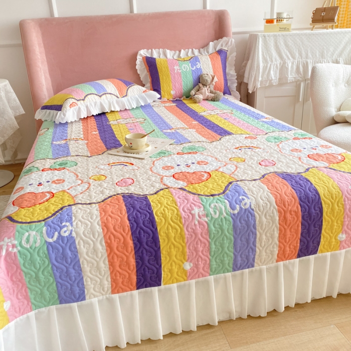 91家纺网 家纺一手货源 找家纺 美莱2022款亲肤磨毛床盖床裙夹棉单件三件套直播四件套萌萌兔