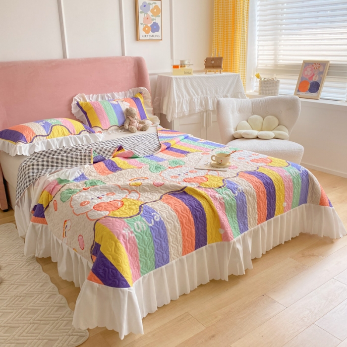 91家纺网 家纺一手货源 找家纺 美莱2022款亲肤磨毛床盖床裙夹棉单件三件套直播四件套萌萌兔