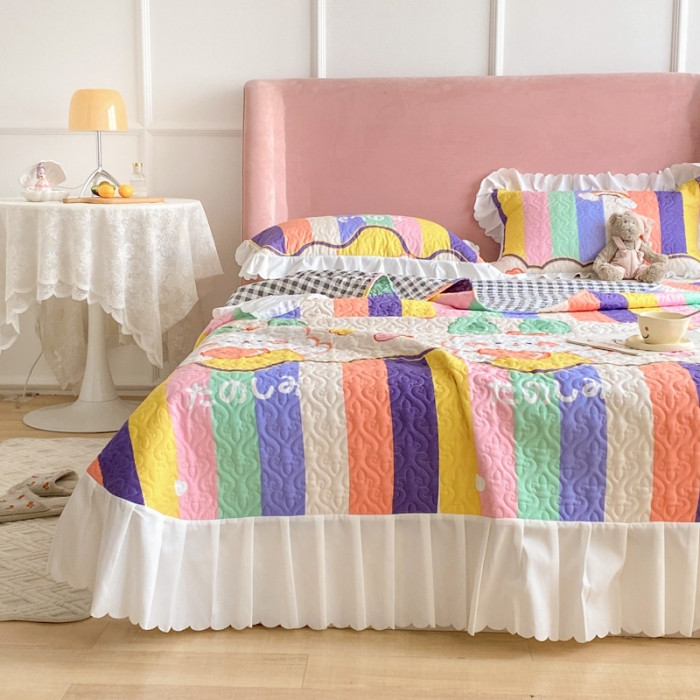 91家纺网 家纺一手货源 找家纺 美莱2022款亲肤磨毛床盖床裙夹棉单件三件套直播四件套萌萌兔