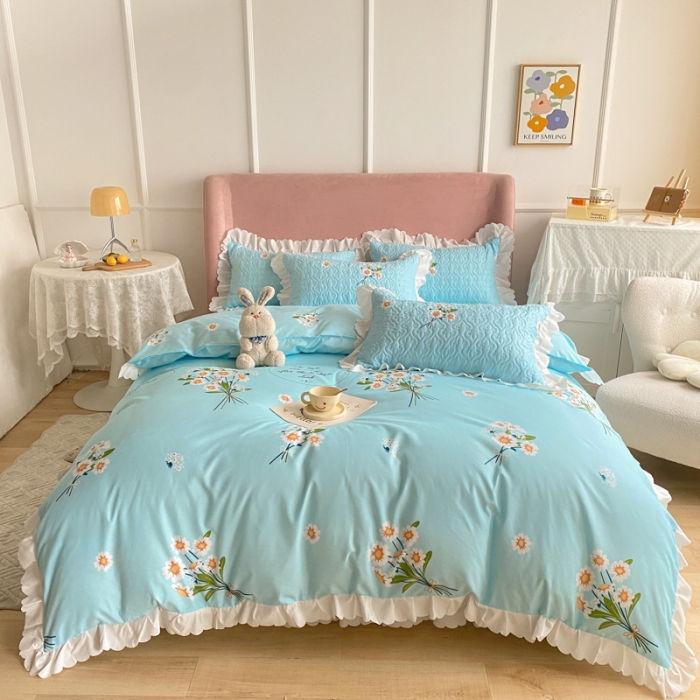 91家纺网 家纺一手货源 找家纺 美莱 2022新款亲肤磨毛床盖床裙夹棉单件三件套直播四件套 小白菊