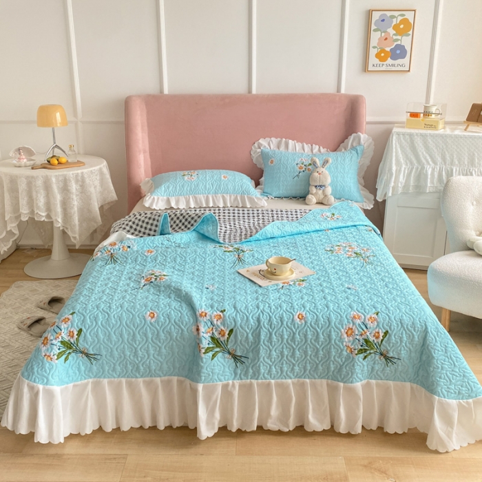 91家纺网 家纺一手货源 找家纺 美莱 2022新款亲肤磨毛床盖床裙夹棉单件三件套直播四件套 小白菊