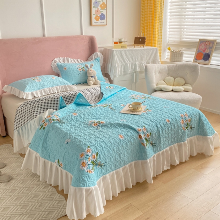 91家纺网 家纺一手货源 找家纺 美莱 2022新款亲肤磨毛床盖床裙夹棉单件三件套直播四件套 小白菊