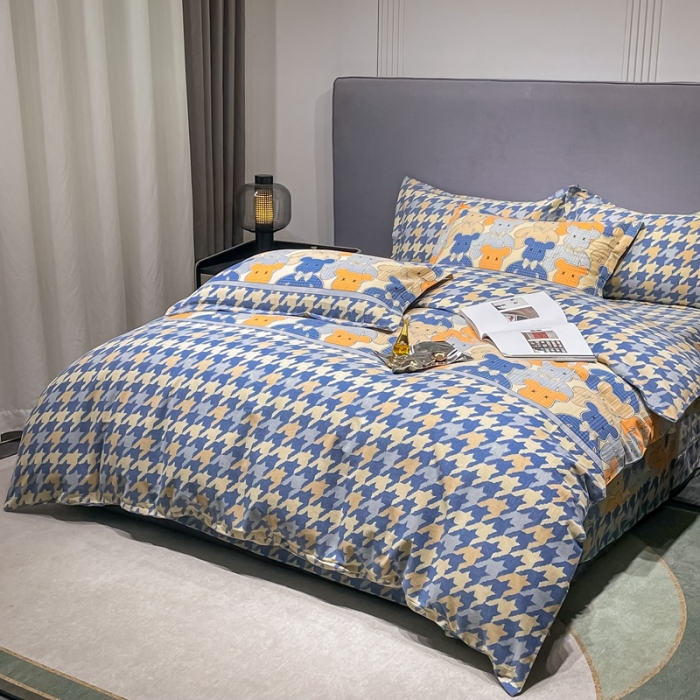 91家纺网 家纺一手货源 找家纺 2022 活性全棉磨毛四件套印花纯棉床单床笠款多规格欢乐熊蓝