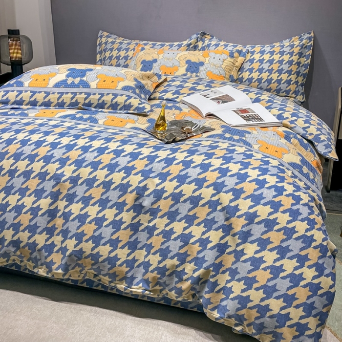 91家纺网 家纺一手货源 找家纺 2022 活性全棉磨毛四件套印花纯棉床单床笠款多规格欢乐熊蓝