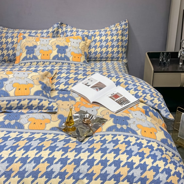 91家纺网 家纺一手货源 找家纺 2022 活性全棉磨毛四件套印花纯棉床单床笠款多规格欢乐熊蓝