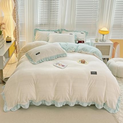 91家纺网 家纺一手货源 找家纺 雅萱 2022新款230g高克重贴标素色牛奶绒轻奢四件套蓝白