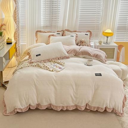 91家纺网 家纺一手货源 找家纺 雅萱2022新款230g高克重贴标素色牛奶绒轻奢四件套 粉白