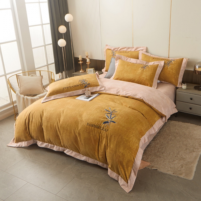 91家纺网 家纺一手货源 找家纺 梦柏家纺 2022新款亲肤雅棉绣花四件套 南瓜色