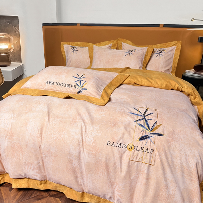 91家纺网 家纺一手货源 找家纺 梦柏家纺 2022新款亲肤雅棉绣花四件套 杏色