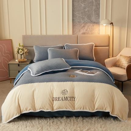 91家纺网 家纺一手货源 找家纺 涵美人 2025新款绣花豆豆绒双拼四件套 瑰丽-烟灰