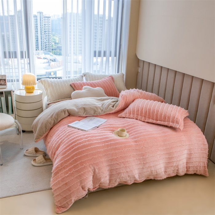 91家纺网 家纺一手货源 找家纺 骏腾 2022直播爆款纯色流苏牛奶绒四件套法莱宝宝绒 朵拉-粉咖