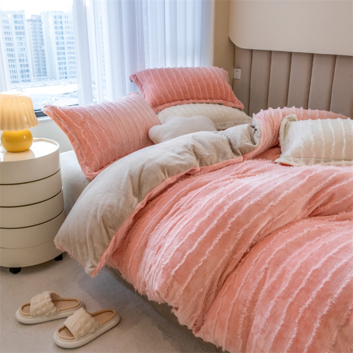 91家纺网 家纺一手货源 找家纺 骏腾 2022直播爆款纯色流苏牛奶绒四件套法莱宝宝绒 朵拉-粉咖