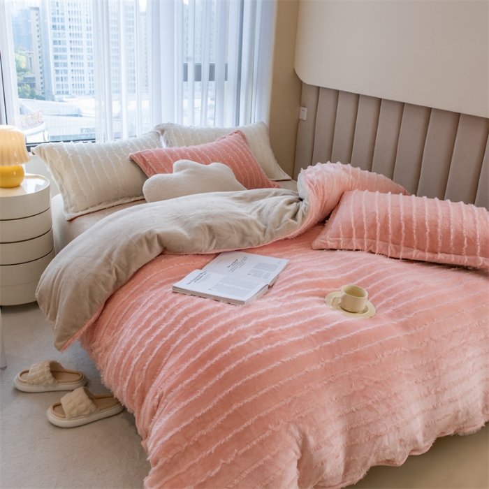 91家纺网 家纺一手货源 找家纺 骏腾 2022直播爆款纯色流苏牛奶绒四件套法莱宝宝绒 朵拉-粉咖