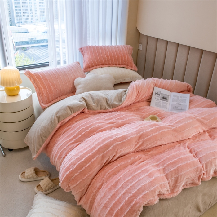 91家纺网 家纺一手货源 找家纺 骏腾 2022直播爆款纯色流苏牛奶绒四件套法莱宝宝绒 朵拉-粉咖