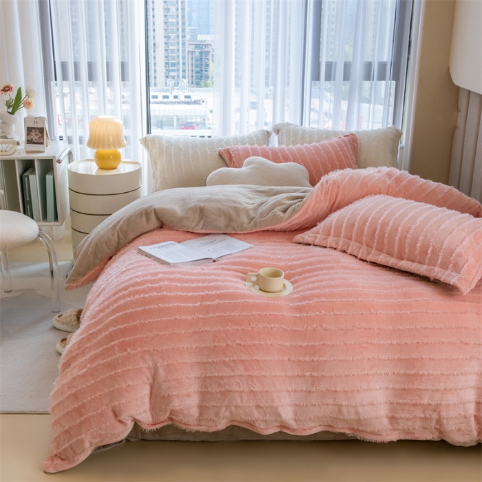 91家纺网 家纺一手货源 找家纺 骏腾 2022直播爆款纯色流苏牛奶绒四件套法莱宝宝绒 朵拉-粉咖