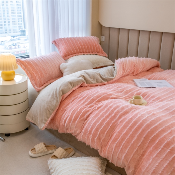 91家纺网 家纺一手货源 找家纺 骏腾 2022直播爆款纯色流苏牛奶绒四件套法莱宝宝绒 朵拉-粉咖