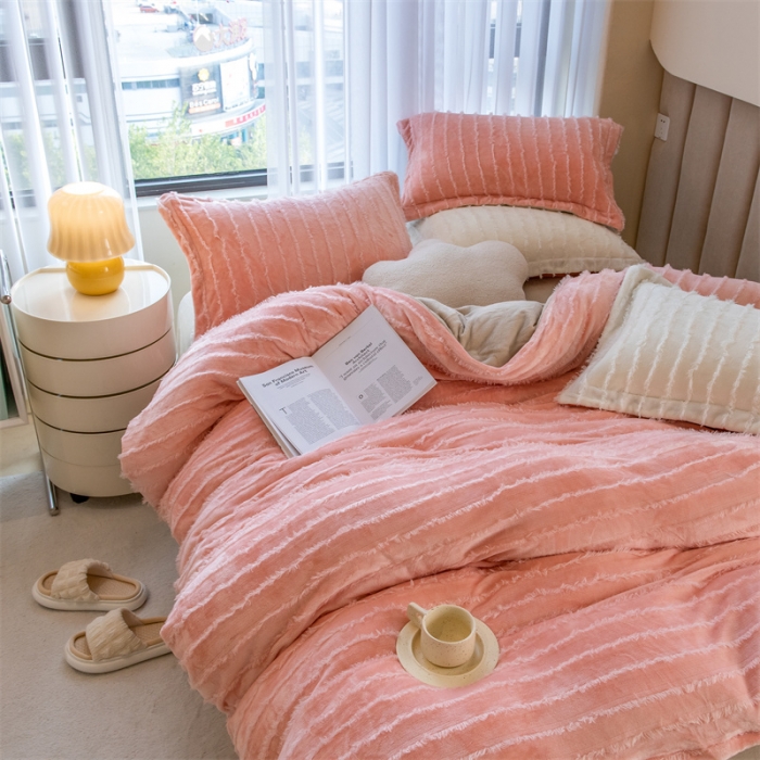 91家纺网 家纺一手货源 找家纺 骏腾 2022直播爆款纯色流苏牛奶绒四件套法莱宝宝绒 朵拉-粉咖