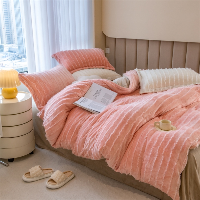 91家纺网 家纺一手货源 找家纺 骏腾 2022直播爆款纯色流苏牛奶绒四件套法莱宝宝绒 朵拉-粉咖