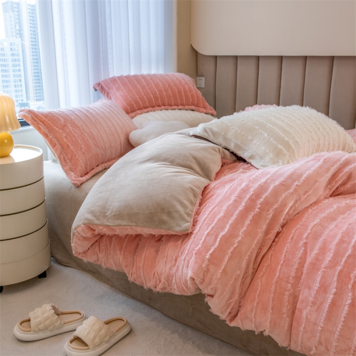 91家纺网 家纺一手货源 找家纺 骏腾 2022直播爆款纯色流苏牛奶绒四件套法莱宝宝绒 朵拉-粉咖