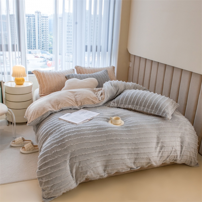 91家纺网 家纺一手货源 找家纺 骏腾 2022直播爆款纯色流苏牛奶绒四件套法莱宝宝绒 朵拉-灰咖