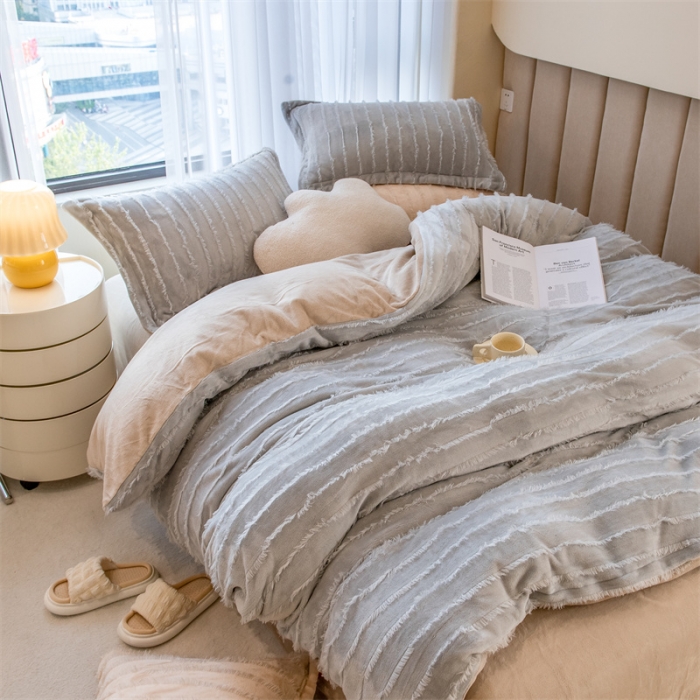 91家纺网 家纺一手货源 找家纺 骏腾 2022直播爆款纯色流苏牛奶绒四件套法莱宝宝绒 朵拉-灰咖