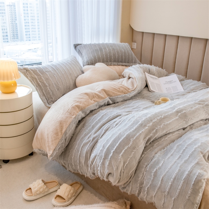 91家纺网 家纺一手货源 找家纺 骏腾 2022直播爆款纯色流苏牛奶绒四件套法莱宝宝绒 朵拉-灰咖